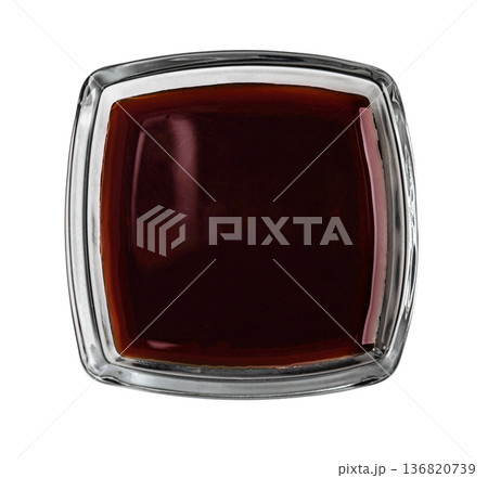 Soy sauce dressing condiment in glass bowl top view Soy sauce dressing condiment in glass bowl top view 136820739