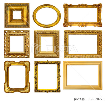 Gold picture frames collection with ornate vintage designs 136820778