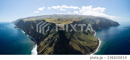 Wide drone panorama shows Ponta do Pargo headland a cliff plateau ringed by Atlantic surf lines Wide drone panorama shows Ponta do Pargo headland a cliff plateau ringed by Atlantic surf lines 136820819