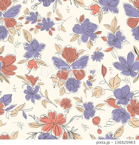 Seamless Floral Butterfly Line Art Vector Pattern 136820963