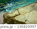 Dinosaur footprints on a rocky plateau by beautiful ocean Southern Portugal Salema Beach 136820997