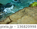 Dinosaur footprints on a rocky plateau by beautiful ocean Southern Portugal Salema Beach 136820998