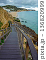 Wooden steps down rocky cliffs to ocean Salema Beach Portugal 136820999