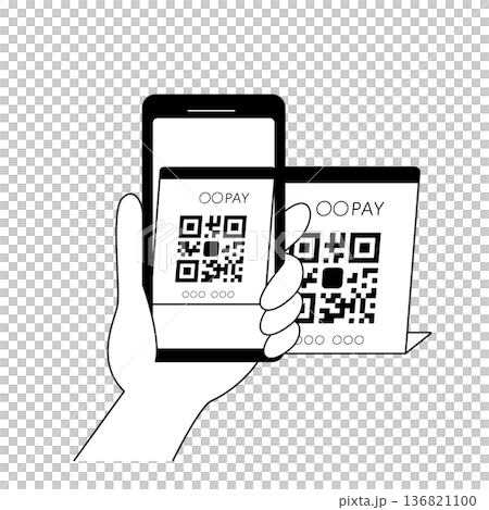 一隻手正在用智慧型手機讀取單色線條繪製的二維碼。 一隻手正在用智慧型手機讀取單色線條繪製的二維碼。 136821100