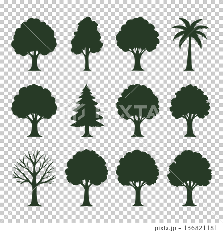 set of 12 different tree silhouettes on white background vector illustration 136821181