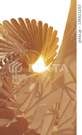 Golden geometric spiral structure reflecting warm light, forming an abstract architectural shape with depth and glow Golden geometric spiral structure reflecting warm light, forming an abstract architectural shape with depth and glow 136821283