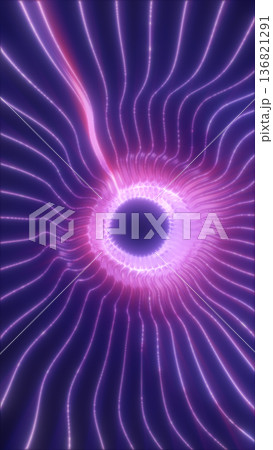 Purple neon energy tunnel with flowing light waves around central portal, futuristic abstract background 136821291