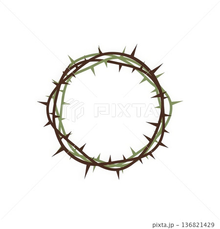 Crown of thorns circular wreath with sharp spikes brown and green twisted branches religious symbol Easter Christianity 136821429