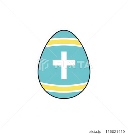 Easter egg with white cross symbol and teal yellow stripes Christian religious holiday decoration illustration 136821430