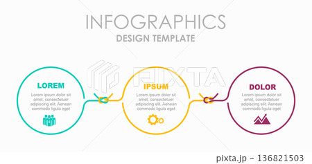Linear 3-step infographic with interconnected circular nodes linked by knotted ropes. Vector illustration. 136821503