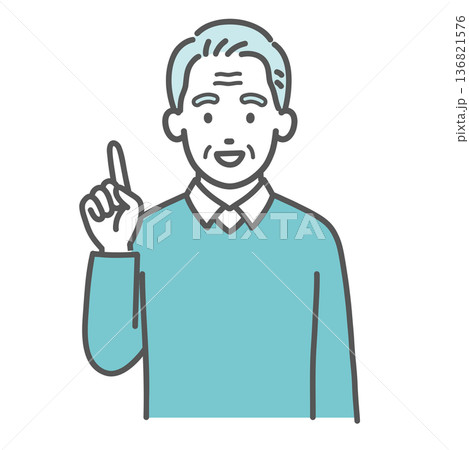 指差し・ポイントを解説する高齢男性のイラスト(ひらめき・上半身) 指差し・ポイントを解説する高齢男性のイラスト(ひらめき・上半身) 136821576