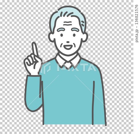 指差し・ポイントを解説する高齢男性のイラスト(ひらめき・上半身) 指差し・ポイントを解説する高齢男性のイラスト(ひらめき・上半身) 136821576