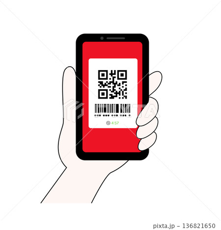 スマホ決済の画面と操作する手とQRコードのイラスト 136821650