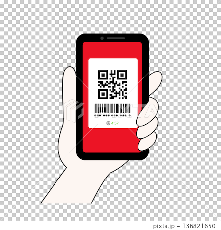 スマホ決済の画面と操作する手とQRコードのイラスト 136821650