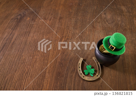 St. Patrick's day celebration with lucky shamrock, pot of gold 136821815