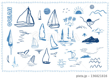 Set of hand drawn sailboats, yachts, isolated marine transport elements. Blue sketch drawing boat vector 136821816