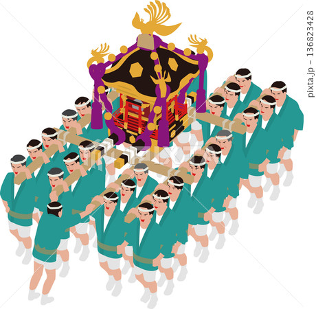 日本の伝統行事祭り。神輿を担ぐ男性たちのイラスト 日本の伝統行事祭り。神輿を担ぐ男性たちのイラスト 136823428