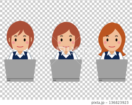 A young woman in navy office wear operating a computer A young woman in navy office wear operating a computer 136823923