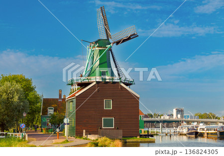 Traditional Wooden Windmill In Dutch Countryside Netherlands Traditional Wooden Windmill In Dutch Countryside Netherlands 136824305