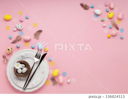 Easter spring holiday card. Playful bunny, painted eggs, spring flowers, decorative elements on light pink background Easter spring holiday card. Playful bunny, painted eggs, spring flowers, decorative elements on light pink background 136824313