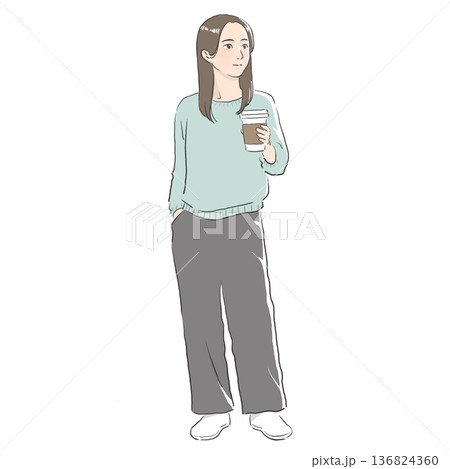 コーヒーを手に持つカジュアルな恰好の女性のイラスト コーヒーを手に持つカジュアルな恰好の女性のイラスト 136824360