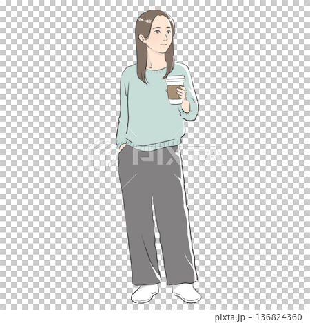 コーヒーを手に持つカジュアルな恰好の女性のイラスト コーヒーを手に持つカジュアルな恰好の女性のイラスト 136824360