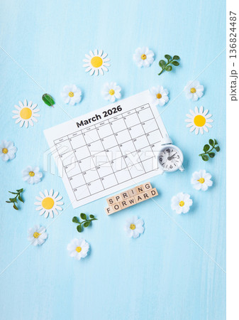Daylight saving Time, Spring forward, Summer back concept. White Alarm Clock and Spring Daisy Flowers on Blue Background Daylight saving Time, Spring forward, Summer back concept. White Alarm Clock and Spring Daisy Flowers on Blue Background 136824487