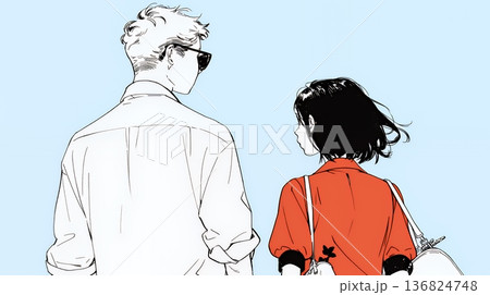 希望に満ちたライフスタイルを過ごす若いカップル：未来を見つめている（シンプルな色使い）