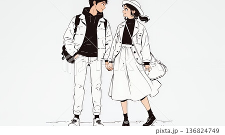 希望に満ちたライフスタイルを過ごす若いカップル：未来を見つめている（シンプルな色使い）