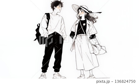 希望に満ちたライフスタイルを過ごす若いカップル：未来を見つめている（シンプルな色使い）