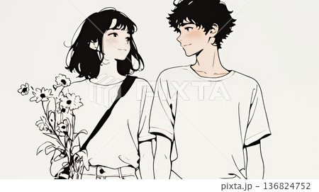 希望に満ちたライフスタイルを過ごす若いカップル：未来を見つめている（シンプルな色使い）