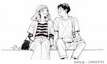 希望に満ちたライフスタイルを過ごす若いカップル：未来を見つめている（シンプルな色使い）