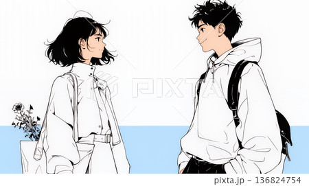 希望に満ちたライフスタイルを過ごす若いカップル：未来を見つめている（シンプルな色使い）