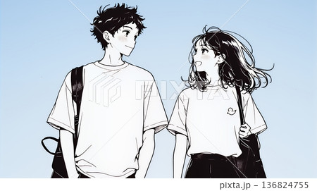 希望に満ちたライフスタイルを過ごす若いカップル：未来を見つめている（シンプルな色使い）