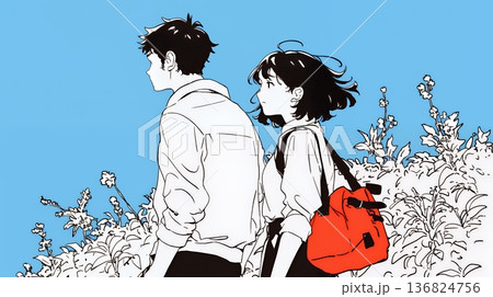 希望に満ちたライフスタイルを過ごす若いカップル：未来を見つめている（シンプルな色使い）