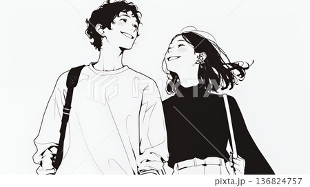 希望に満ちたライフスタイルを過ごす若いカップル：未来を見つめている（シンプルな色使い）