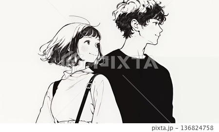 希望に満ちたライフスタイルを過ごす若いカップル：未来を見つめている（シンプルな色使い）