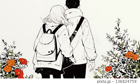 希望に満ちたライフスタイルを過ごす若いカップル：未来を見つめている（シンプルな色使い）