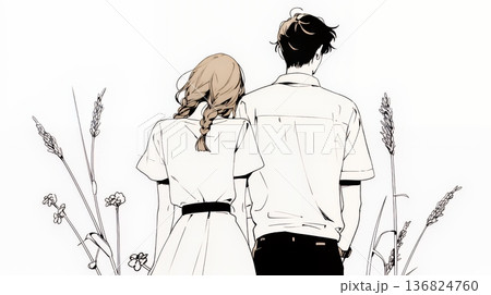 希望に満ちたライフスタイルを過ごす若いカップル：未来を見つめている（シンプルな色使い）