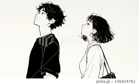 希望に満ちたライフスタイルを過ごす若いカップル：未来を見つめている（シンプルな色使い）