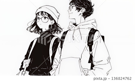 希望に満ちたライフスタイルを過ごす若いカップル：未来を見つめている（シンプルな色使い）