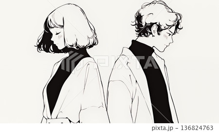 希望に満ちたライフスタイルを過ごす若いカップル：未来を見つめている（シンプルな色使い）