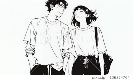 希望に満ちたライフスタイルを過ごす若いカップル：未来を見つめている（シンプルな色使い）