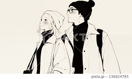 希望に満ちたライフスタイルを過ごす若いカップル：未来を見つめている（シンプルな色使い）