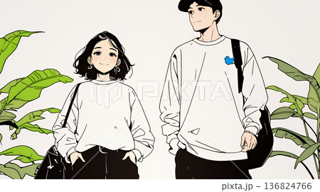 希望に満ちたライフスタイルを過ごす若いカップル：未来を見つめている（シンプルな色使い）