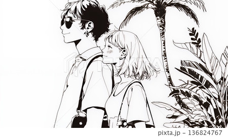 希望に満ちたライフスタイルを過ごす若いカップル：未来を見つめている（シンプルな色使い）