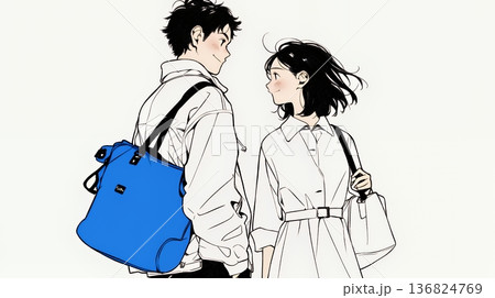 希望に満ちたライフスタイルを過ごす若いカップル：未来を見つめている（シンプルな色使い）