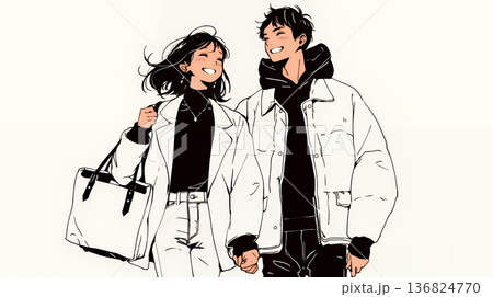 希望に満ちたライフスタイルを過ごす若いカップル：未来を見つめている（シンプルな色使い）