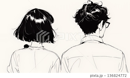 希望に満ちたライフスタイルを過ごす若いカップル：未来を見つめている（シンプルな色使い）