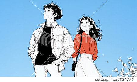 希望に満ちたライフスタイルを過ごす若いカップル：未来を見つめている（シンプルな色使い）